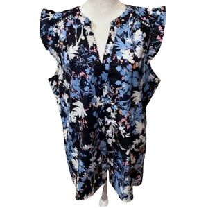 ZKESS Casual Lace Sleeveless V Neck Blue Floral Cap Sleeve Tank. Size L.